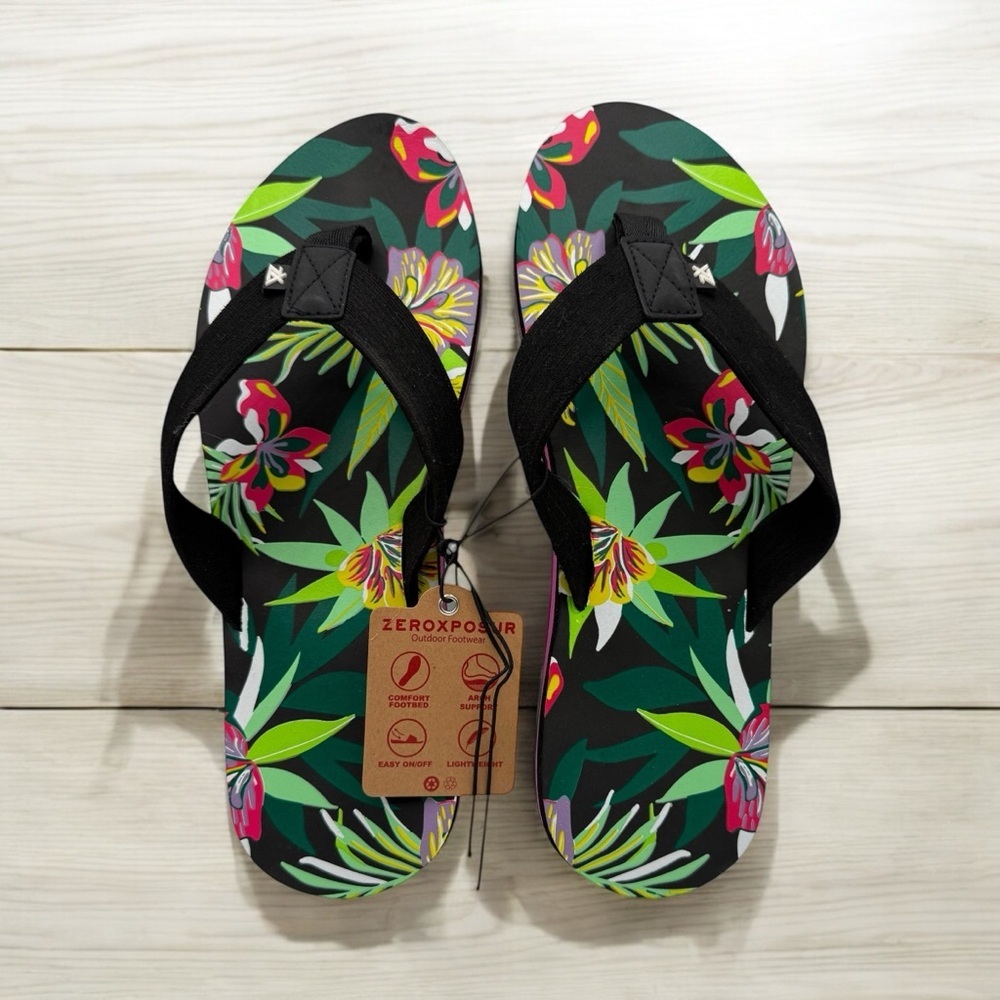 ZERØXPOSUR WOMEN’S FLIP-FLOPS SIZE 11 – TROPICAL FLORAL DESIGN